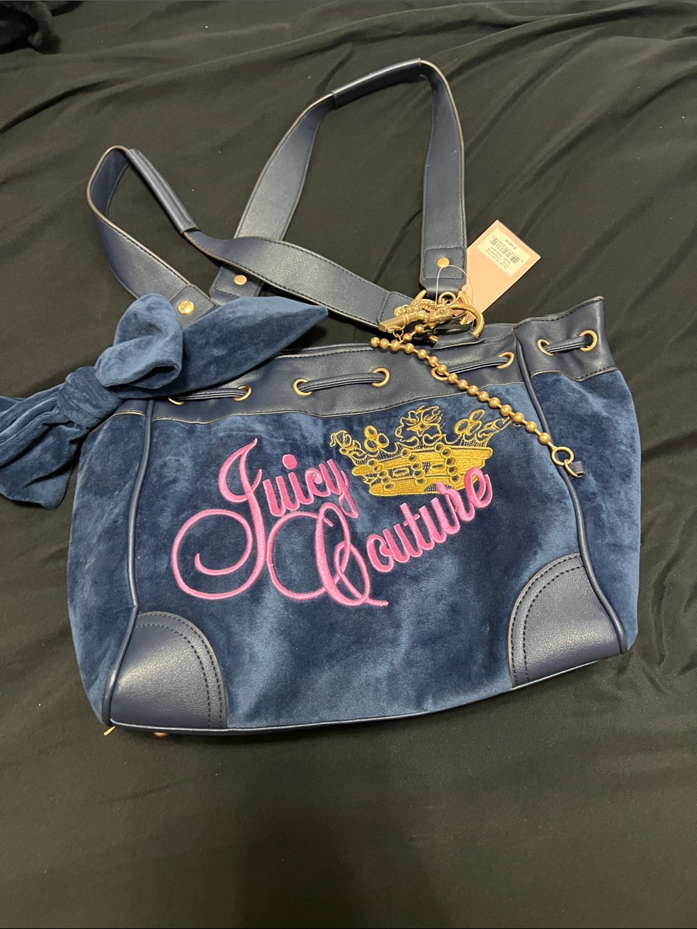 Juicy Couture Navy Velvet Shoulder Bag with Pink and Gold Accent and wallet set